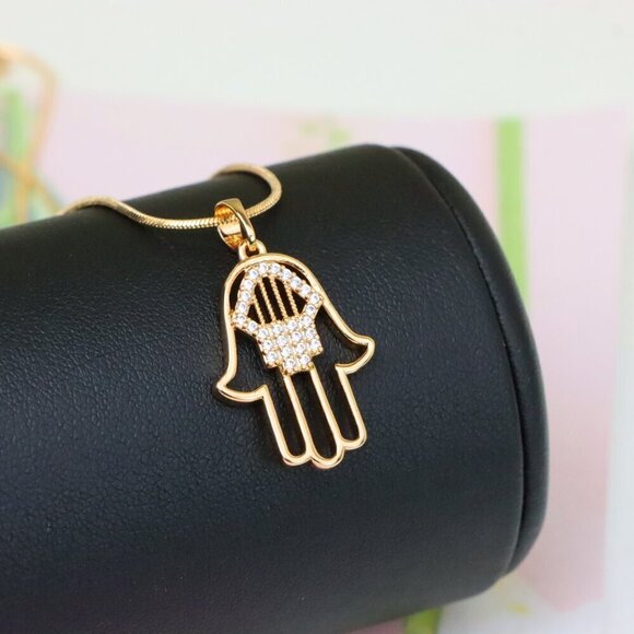 "Rose Gold Hamsa Hand Pendant with Sparkling Stone Detailing, XPPT1231 - Picture 2 of 13